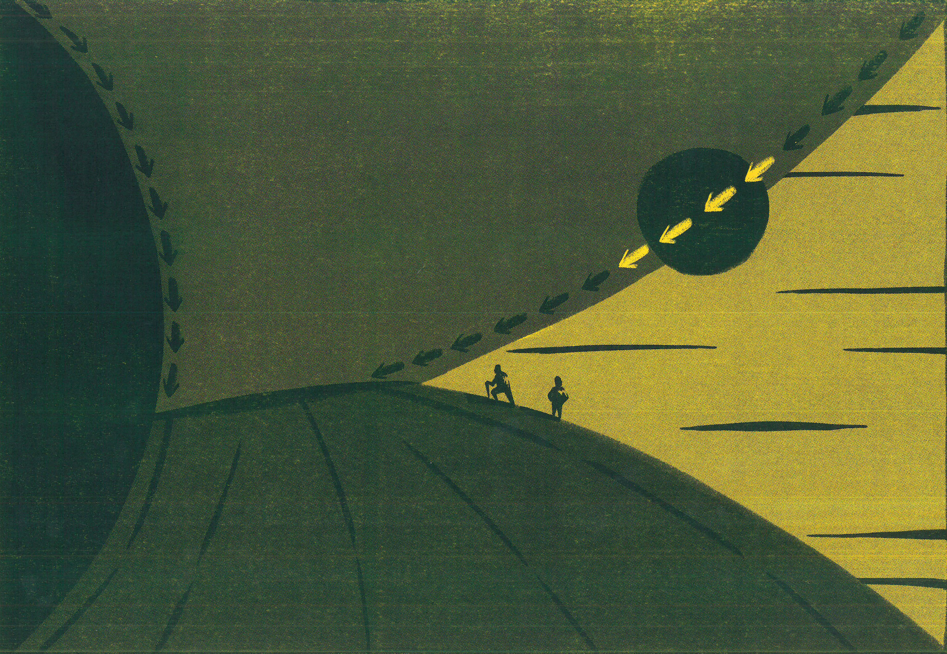 Riso printed illustration of a silhouette of two hikers climbing a hill set against an abstract landscape made up of curved shapes in varying shades. There is a dark circle on the right with a pattern of dark and light arrows passing through it. In the sky is a series of sharp lines. The paper colour is yellow and the ink is green-blue.